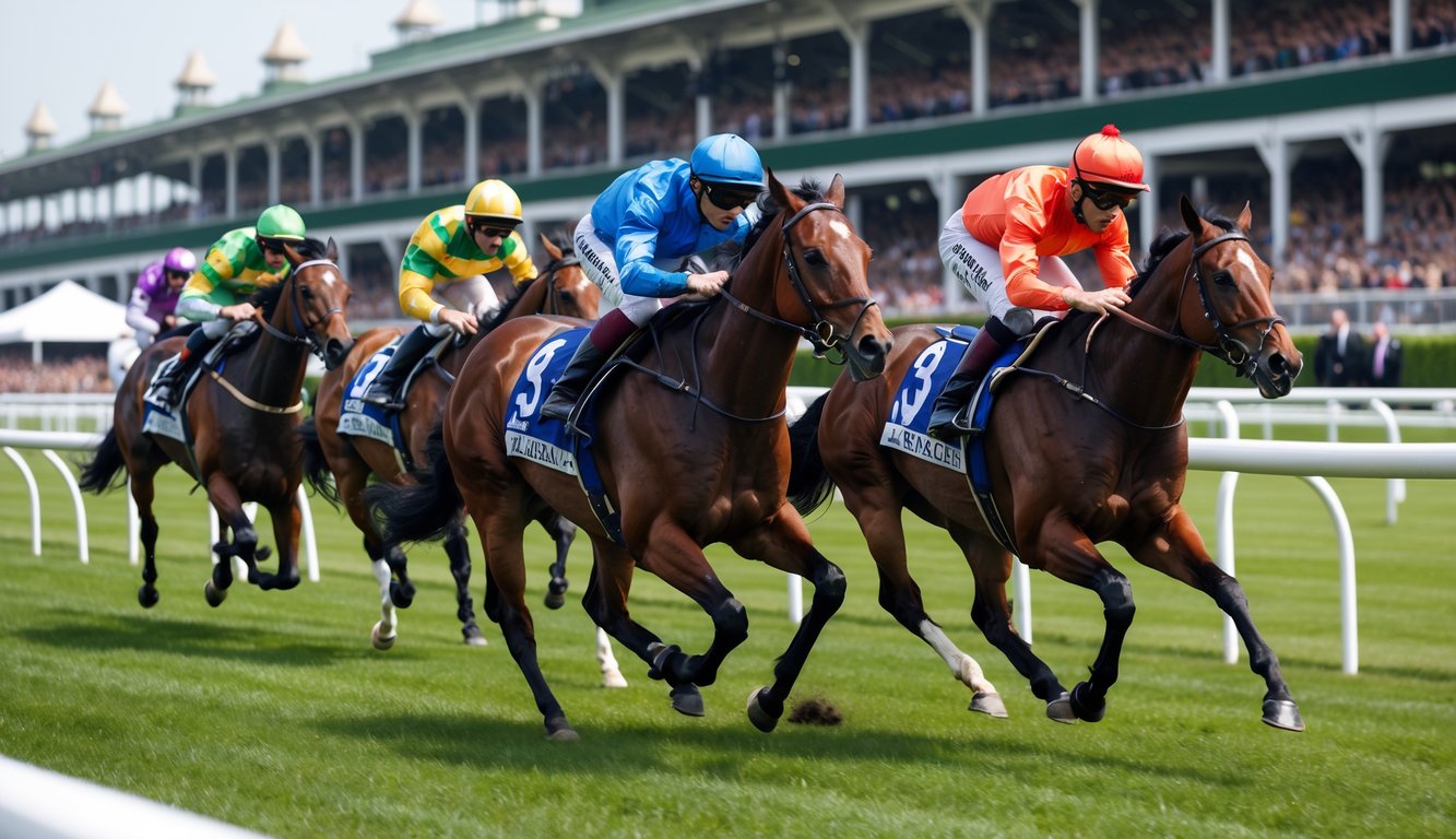 Beberapa kuda pacuan berlari cepat di lintasan pacu dengan joki mengenakan pakaian warna-warni dan penonton di tribun.