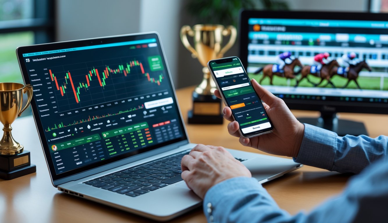 Seseorang menggunakan laptop dan ponsel untuk memasang taruhan balap kuda online di ruang kerja modern.