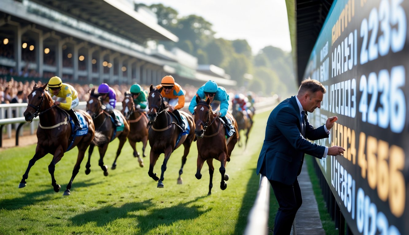 Suasana resmi pacuan kuda dengan kuda berlari cepat dan petaruh yang fokus pada papan peluang taruhan.