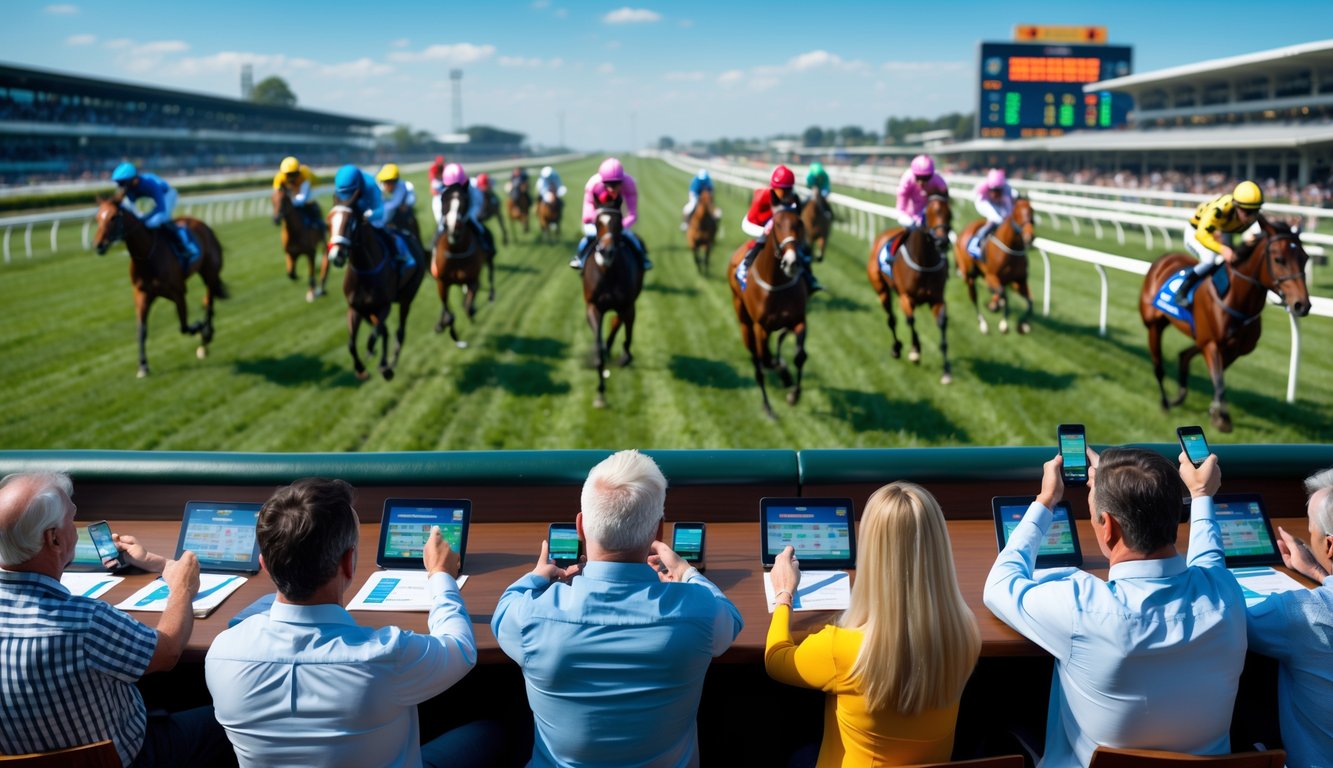Lomba kuda dengan joki sedang berlomba dan orang-orang sedang memasang taruhan di trek balap kuda yang ramai.