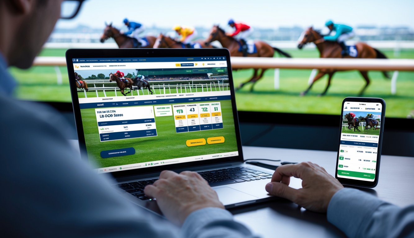 Seseorang menggunakan laptop dan ponsel untuk memasang taruhan balap kuda secara online dengan tampilan perlombaan kuda di layar.