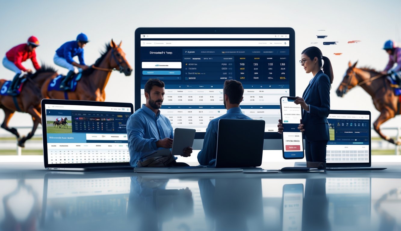 Orang-orang menggunakan platform digital untuk taruhan kuda dengan latar kuda yang sedang berlari cepat.