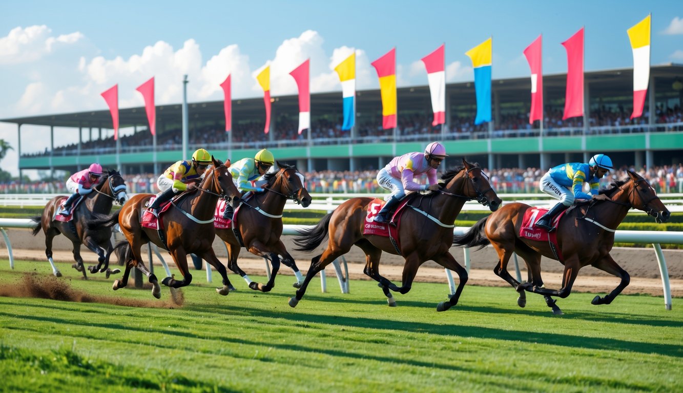 Beberapa kuda pacu dengan joki berwarna-warni sedang berlomba di lintasan hijau dengan tribun penonton di belakangnya.