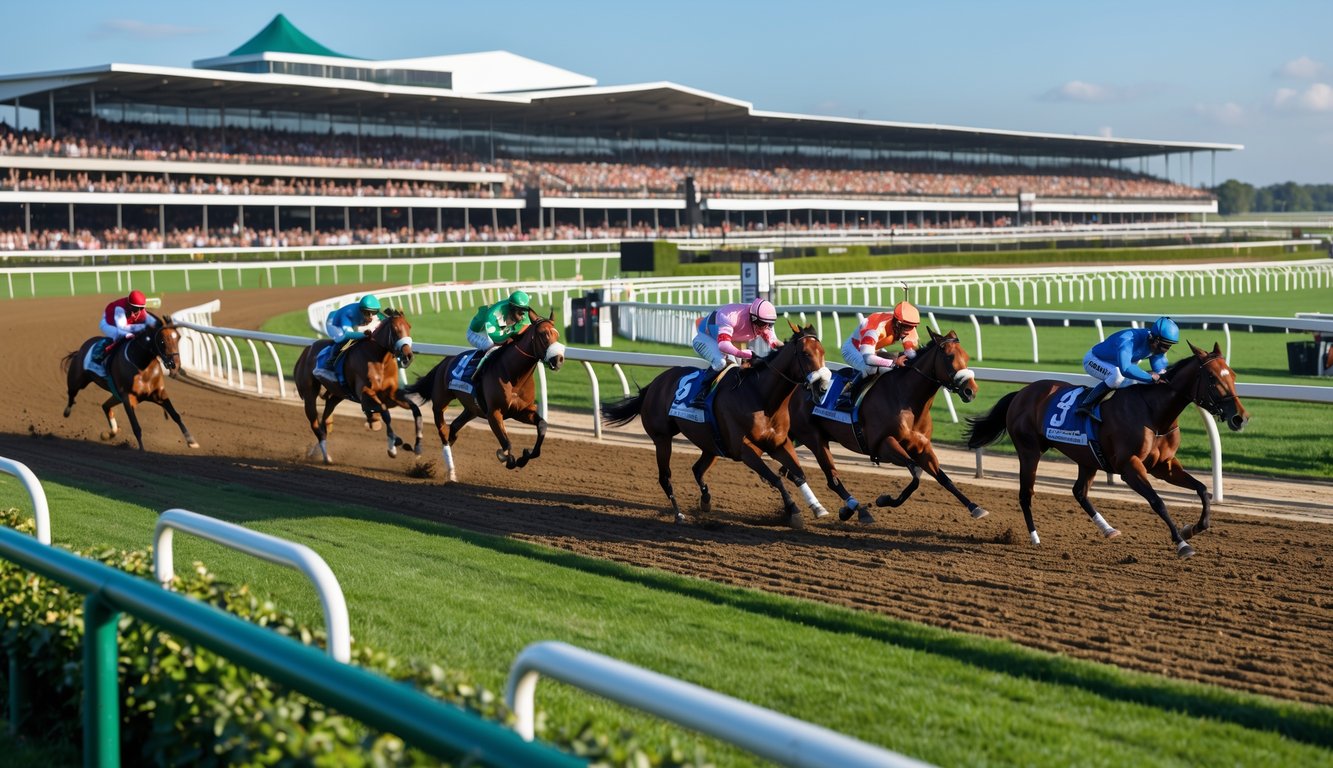 Balapan kuda berlangsung di arena dengan joki mengenakan pakaian warna-warni dan penonton di tribun.