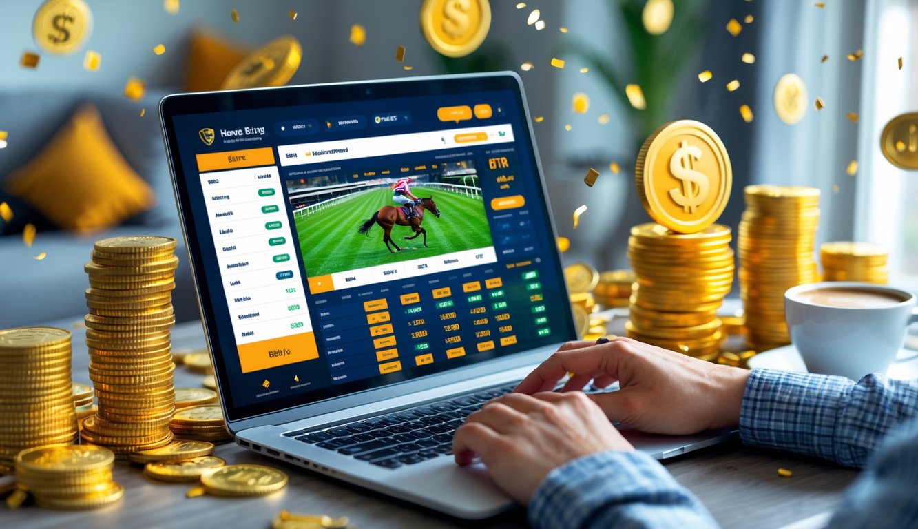 Seseorang menggunakan komputer untuk memasang taruhan balap kuda online dengan suasana yang ceria dan elemen bonus besar di sekitar meja.