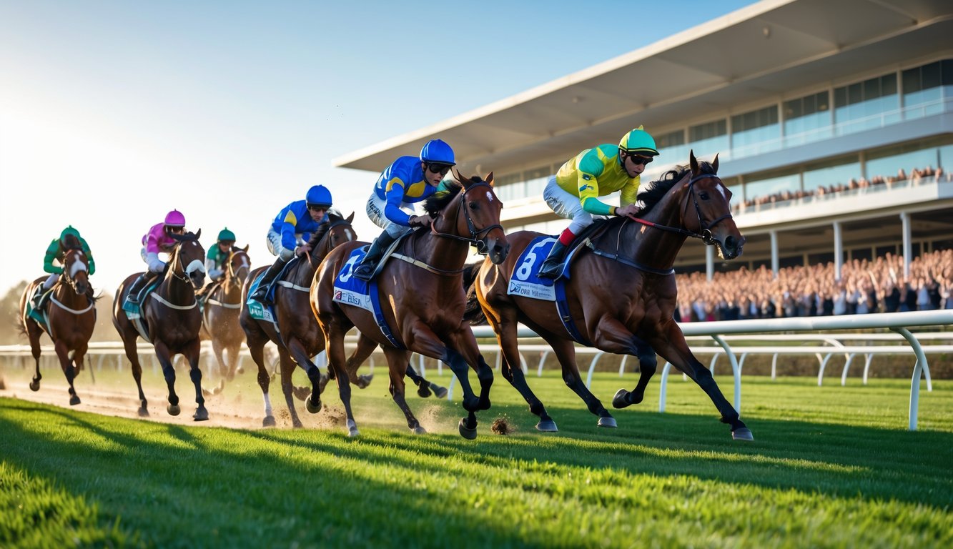 Beberapa kuda pacuan sedang berlari kencang di lintasan balap dengan penonton di tribun di latar belakang.