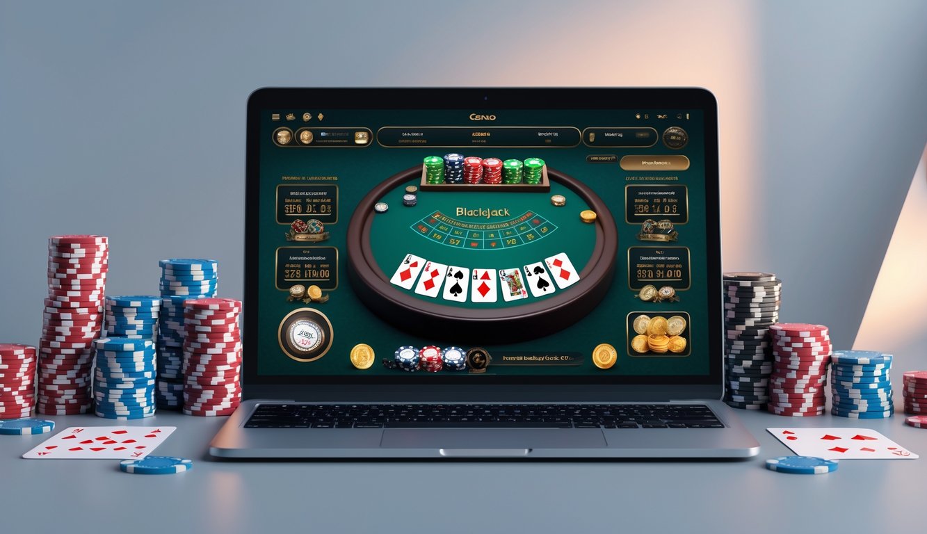 Sebuah laptop dengan meja blackjack digital di layar, dikelilingi oleh chip poker dan kartu remi, serta sebuah ponsel yang menampilkan aplikasi kasino.