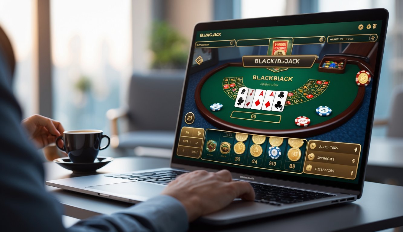 Seseorang sedang bermain blackjack online di komputer dengan suasana meja kerja yang rapi dan pencahayaan yang baik.