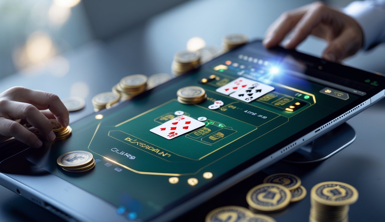 Sebuah meja blackjack digital resmi yang ditampilkan di layar komputer dengan kartu dan chip taruhan.