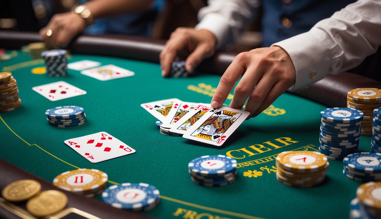 Meja blackjack di kasino dengan kartu dan tumpukan chip taruhan.