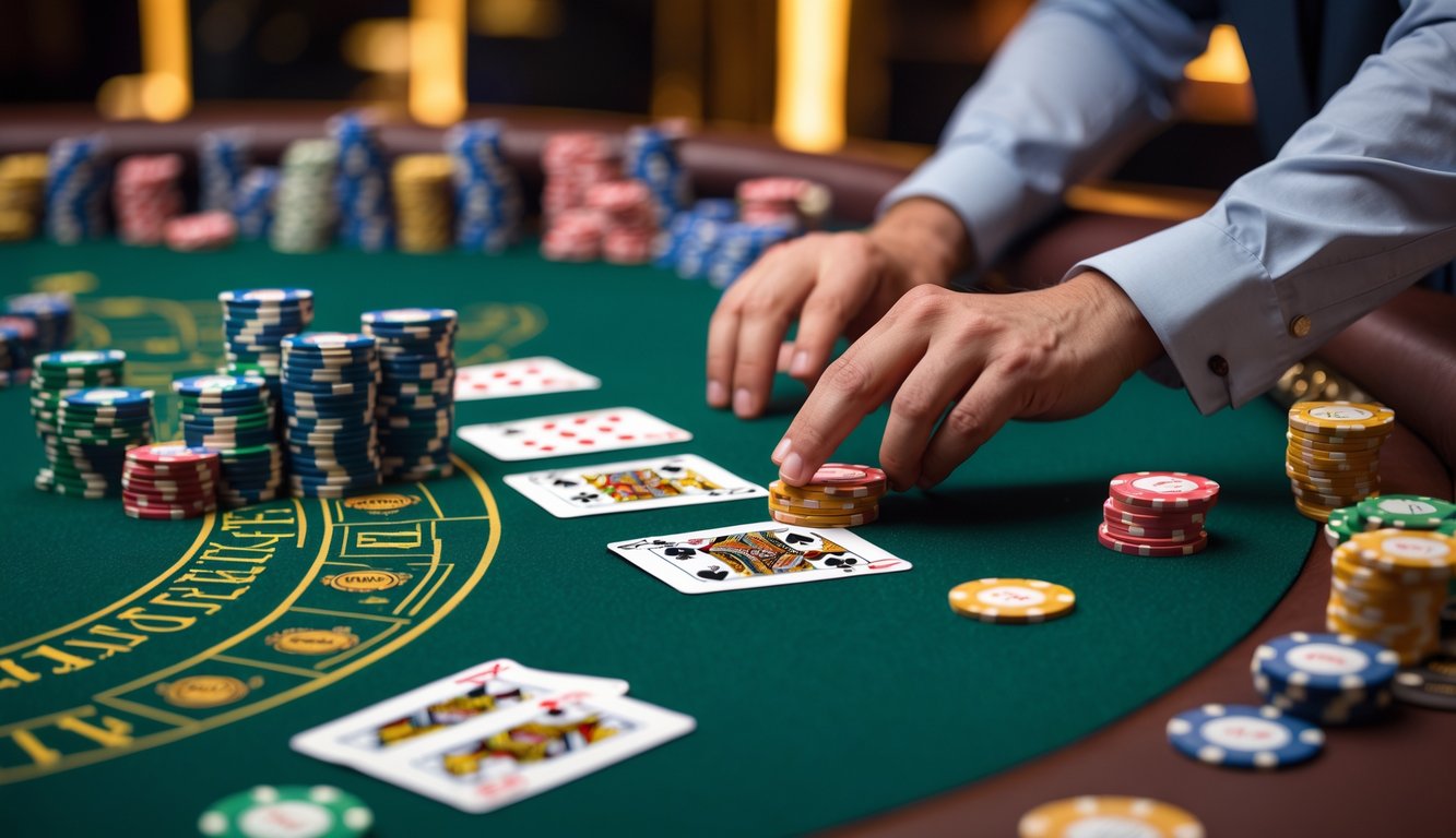 Meja blackjack dengan kartu dan tumpukan chip uang asli di kasino.