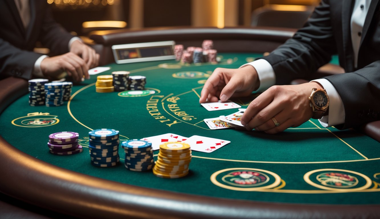 Meja blackjack kasino dengan kartu dan chip warna-warni, dealer sedang membagikan kartu kepada pemain.