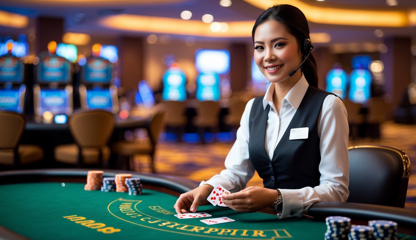 Seorang dealer blackjack wanita di meja kasino dengan latar belakang mesin slot dan pencahayaan hangat.