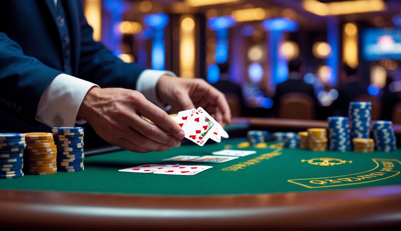 Meja blackjack di kasino dengan dealer membagikan kartu dan tumpukan chip di atas meja hijau.