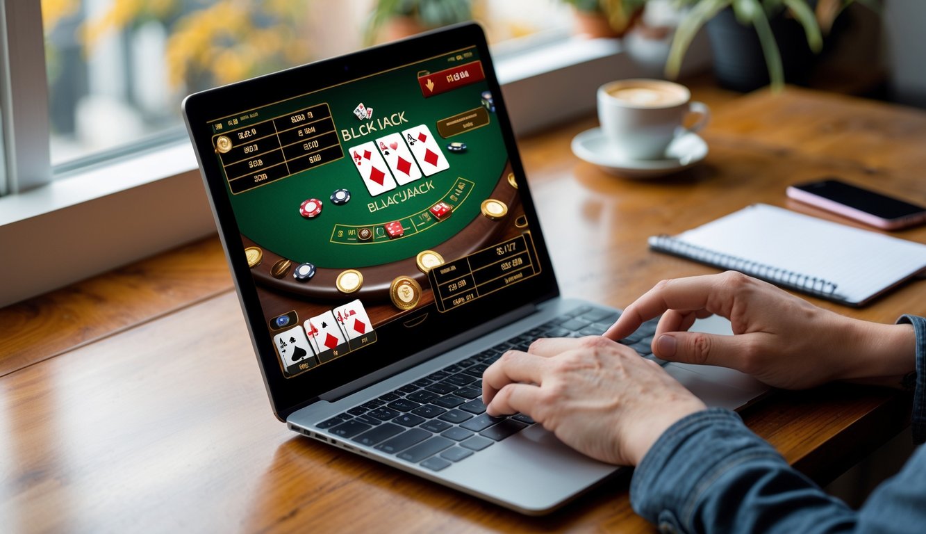 Seseorang bermain blackjack online di laptop di atas meja kayu dengan suasana nyaman dan terang.