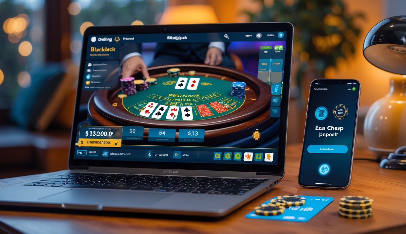 Seorang pengguna sedang bermain blackjack online dengan laptop dan smartphone di meja kayu di rumah.