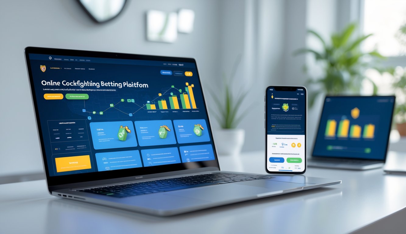 Seorang pria menggunakan laptop dan ponsel di meja yang rapi dengan tampilan antarmuka situs taruhan sabung ayam online terpercaya.