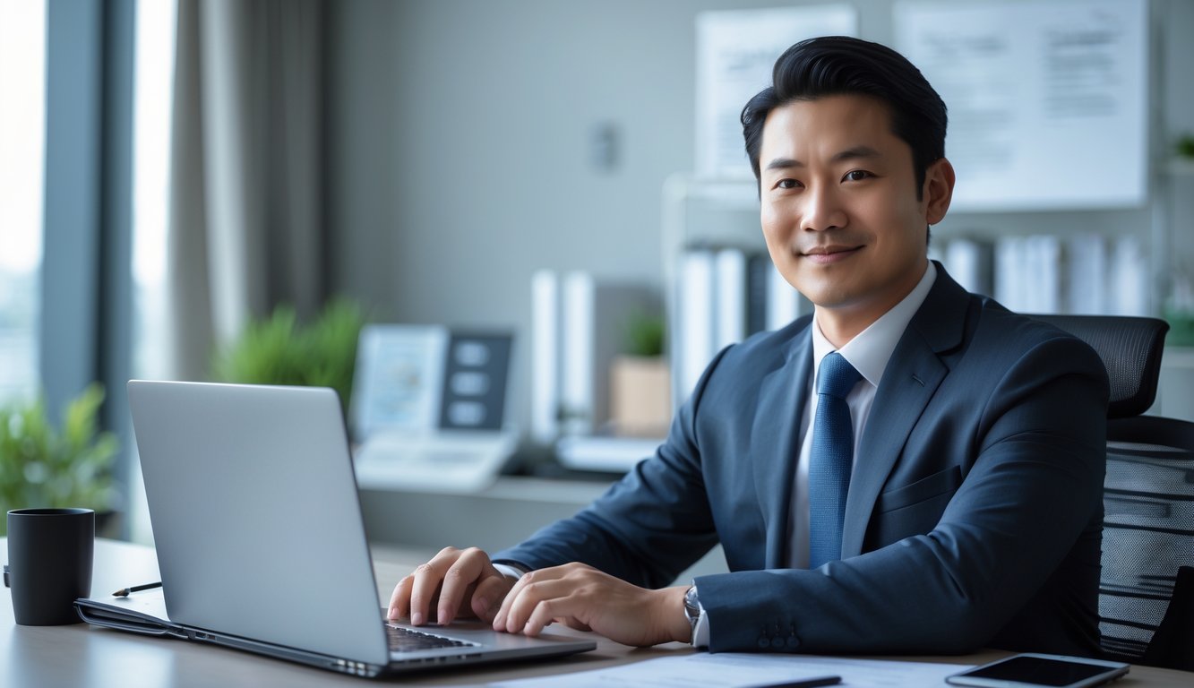 Seorang pria Asia Tenggara mengenakan pakaian bisnis duduk di meja kantor dengan laptop dan ponsel, terlihat percaya diri dan profesional.
