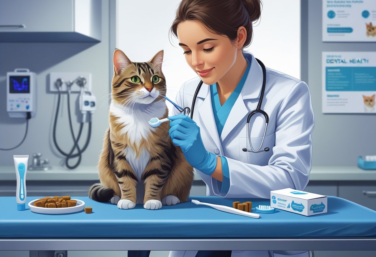 A veterinarian examining a cat's teeth on an examination table with dental care tools nearby in a veterinary clinic.