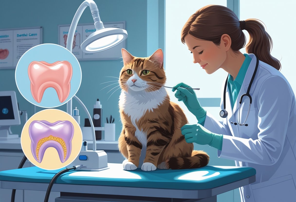 A veterinarian gently examining a cat's teeth on an examination table in a veterinary clinic.