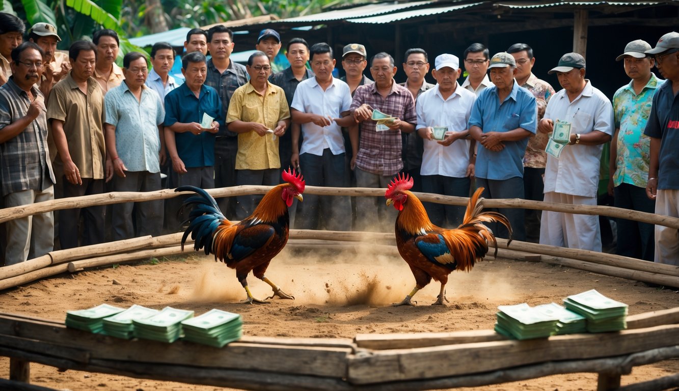 Suasana sabung ayam dengan dua ayam jago bertarung di arena kayu, dikelilingi oleh pria yang sedang memasang taruhan uang tunai.
