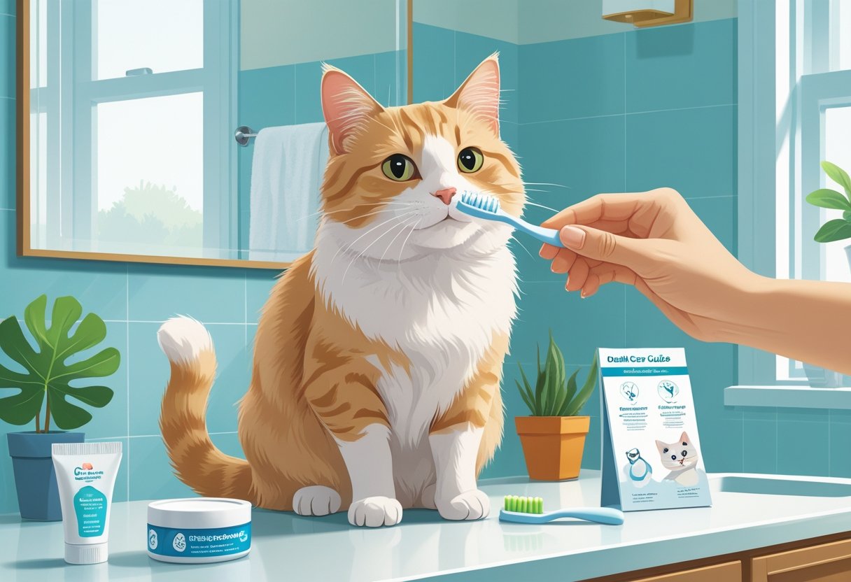 A calm cat sitting on a bathroom countertop while a hand holds a toothbrush near its mouth, with dental care items nearby.