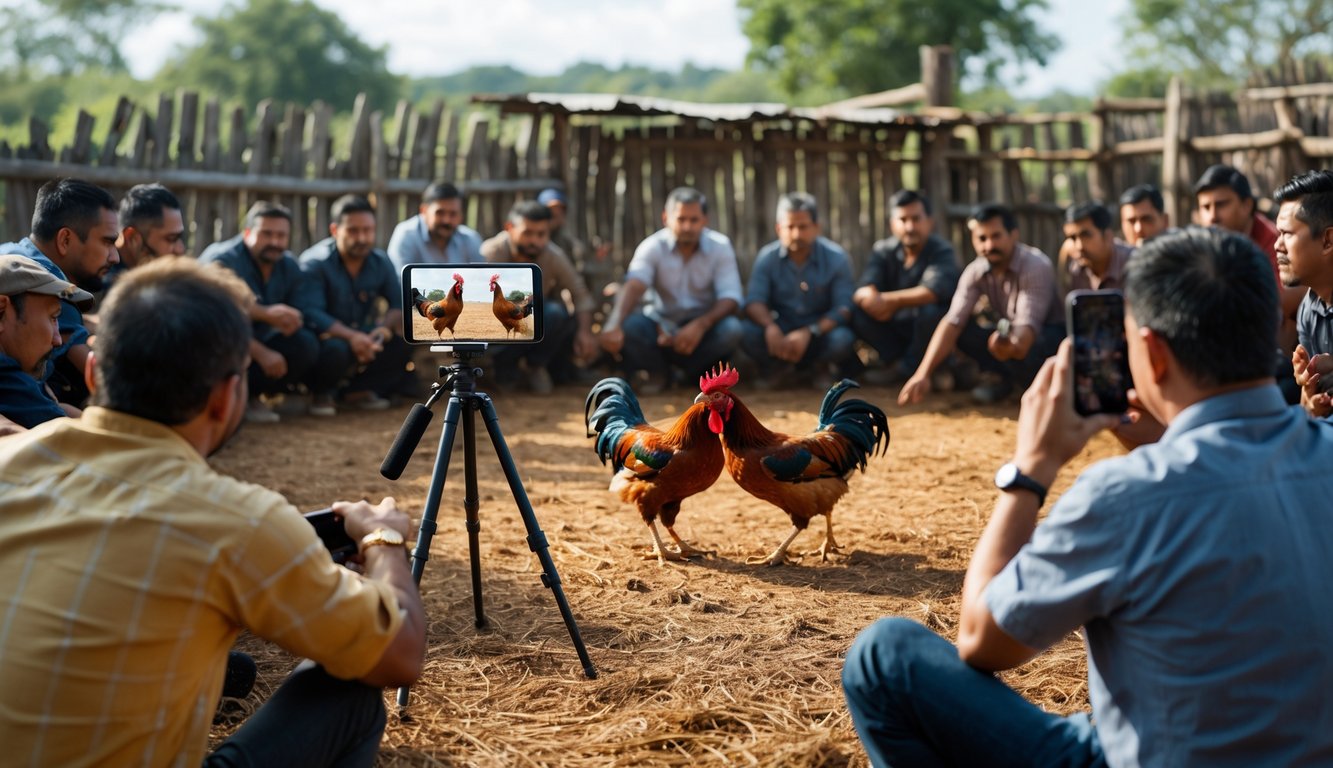 Sekelompok pria menonton pertarungan ayam jago yang sedang disiarkan langsung di luar ruangan.