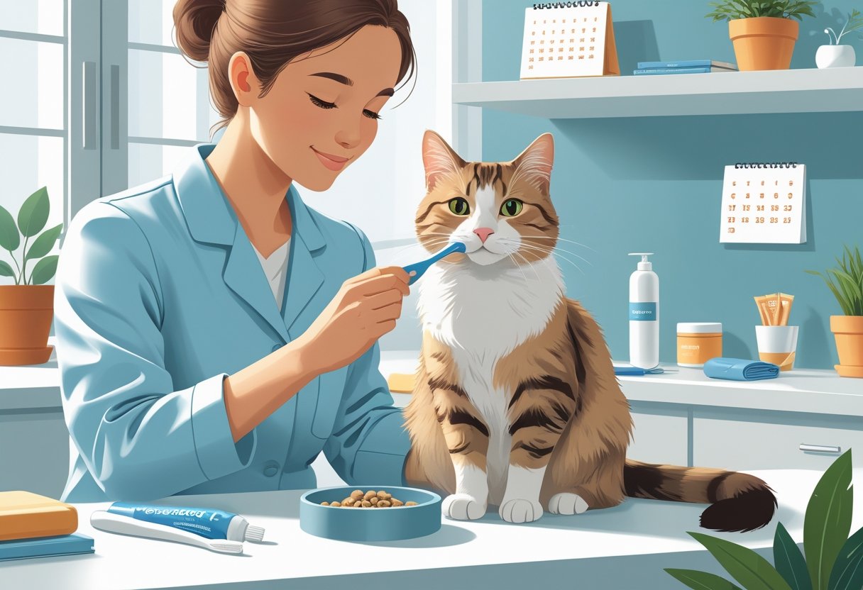 A person gently brushing a calm cat's teeth with pet dental care items nearby in a clean, cozy setting.