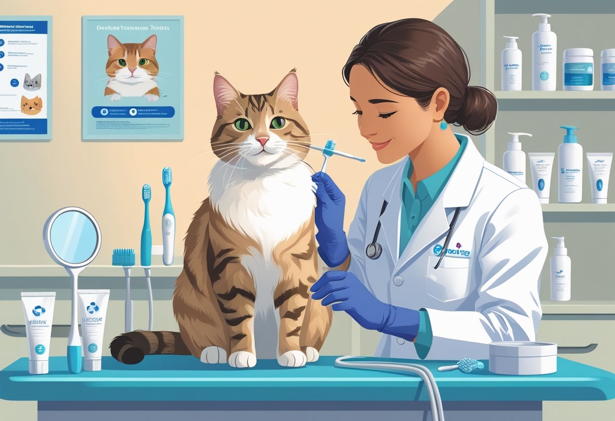 A veterinarian gently examining a cat's teeth in a veterinary clinic with dental care tools nearby.