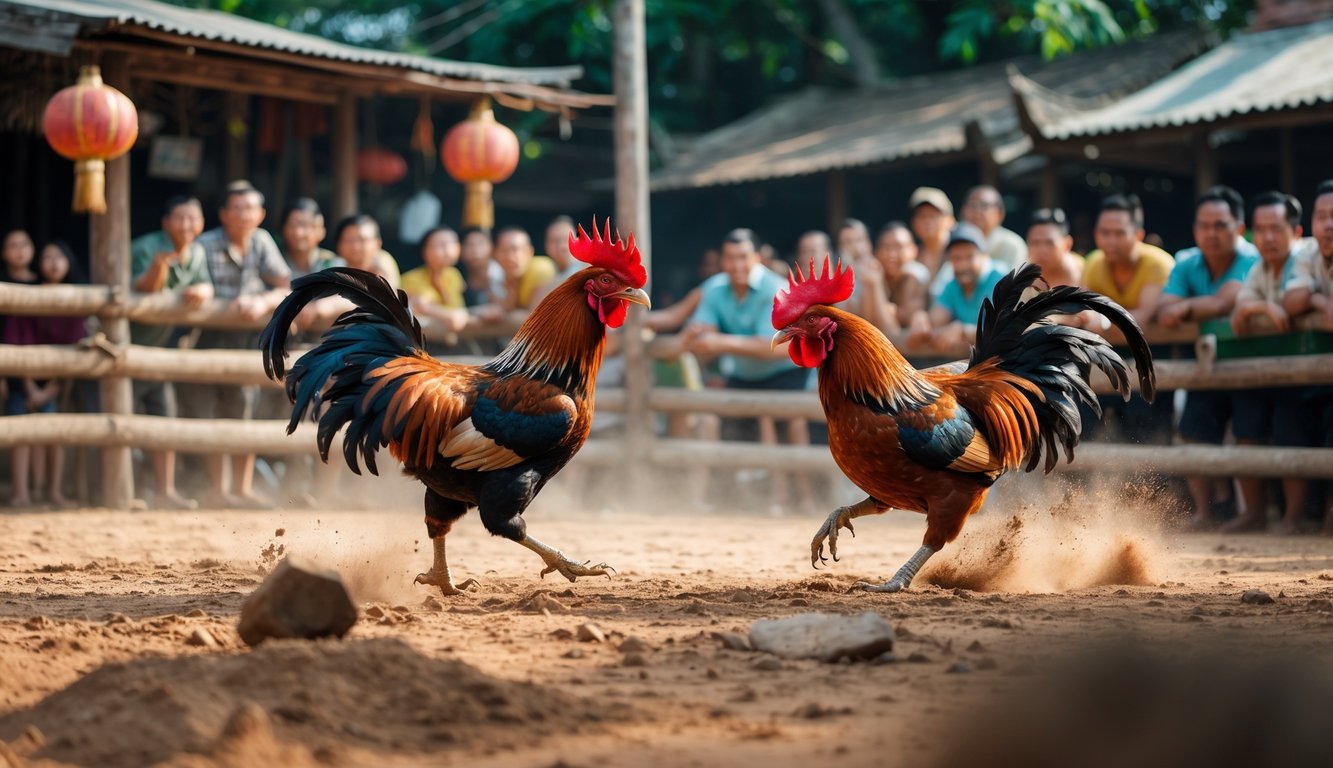 Dua ayam jago sedang bertarung di arena sabung ayam dengan penonton yang antusias mengelilingi.