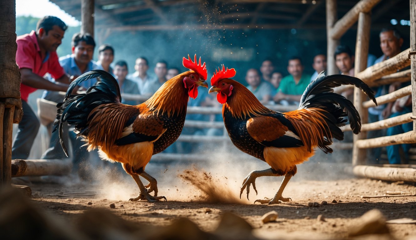 Dua ayam jago sedang bertarung di dalam kandang kayu dengan penonton yang memperhatikan di latar belakang.