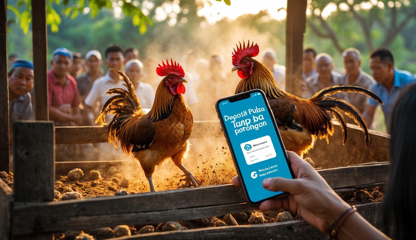 Dua ayam jago sedang bertarung di arena dengan penonton di sekitarnya dan seseorang memegang ponsel untuk pembayaran digital.