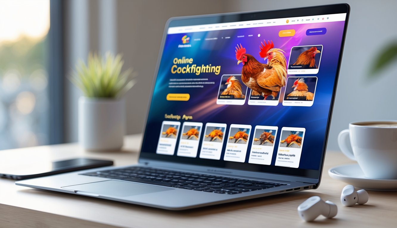 Sebuah laptop di atas meja kayu dengan layar menampilkan situs sabung ayam, dikelilingi oleh smartphone, earbud nirkabel, dan secangkir kopi.