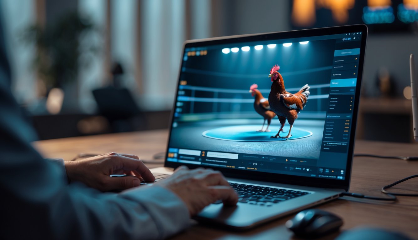 Seseorang menggunakan komputer untuk menonton pertandingan sabung ayam secara online di sebuah ruangan dengan pencahayaan redup.