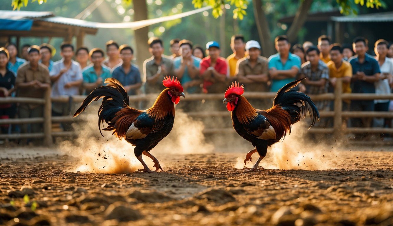 Suasana arena sabung ayam dengan dua ayam jago bertarung dan penonton yang antusias di latar belakang.