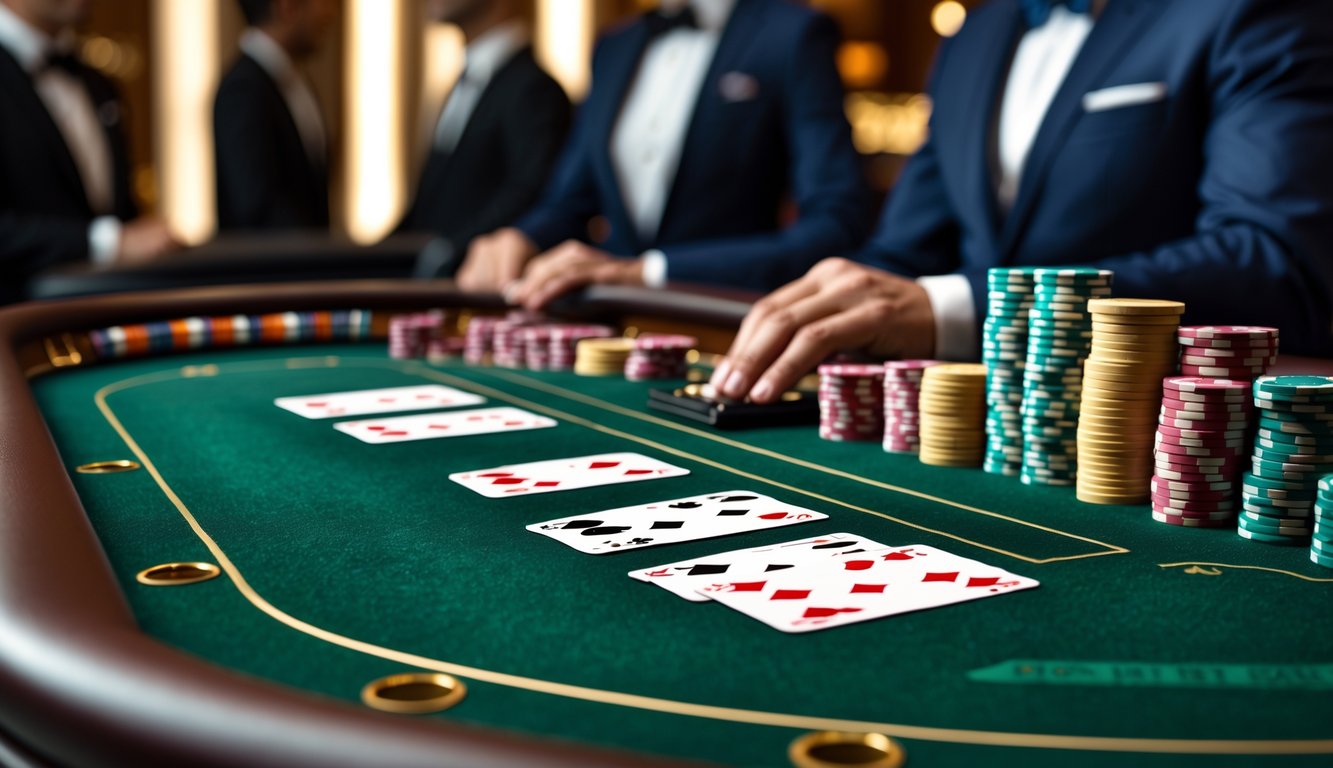 Meja permainan baccarat yang mewah dengan kartu dan chip di kasino yang elegan dan berkelas.