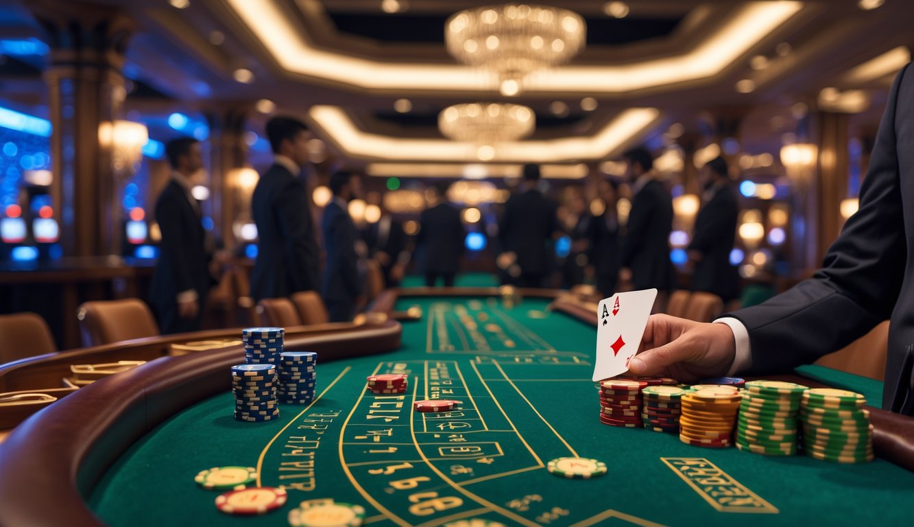 Meja baccarat mewah dengan chip dan kartu di kasino yang elegan.