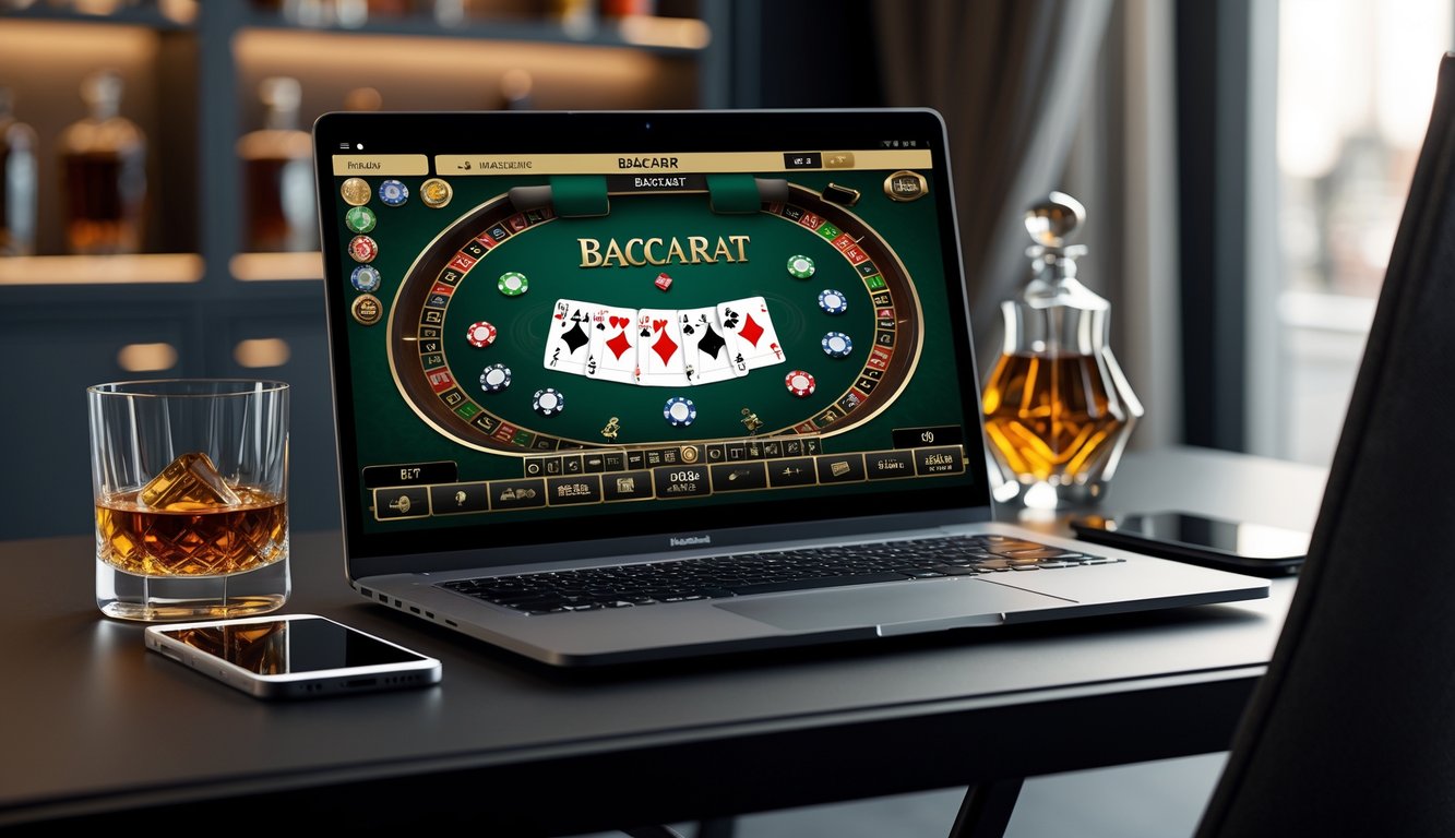 Sebuah laptop di meja dengan tampilan permainan baccarat online dan beberapa chip serta kartu bermain di layar, dengan gelas minuman dan ponsel di sampingnya.
