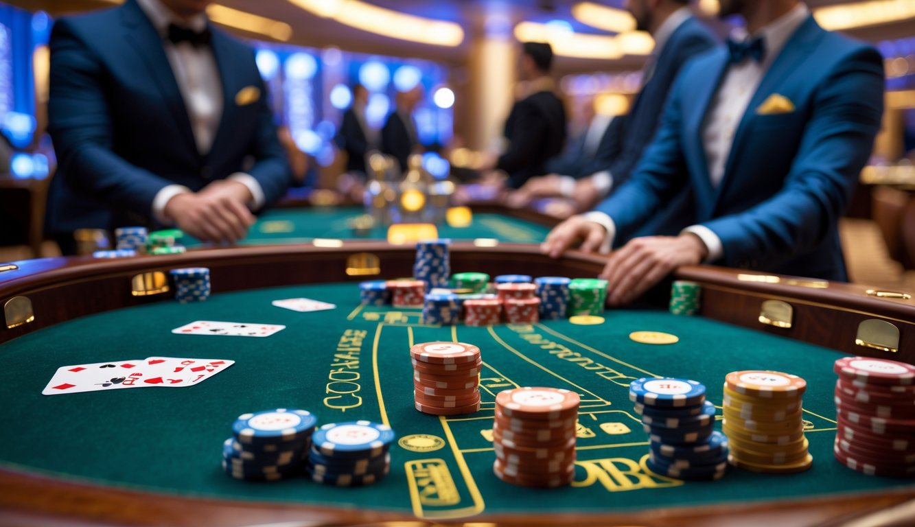 Meja permainan baccarat mewah dengan kartu dan tumpukan chip di kasino yang elegan.