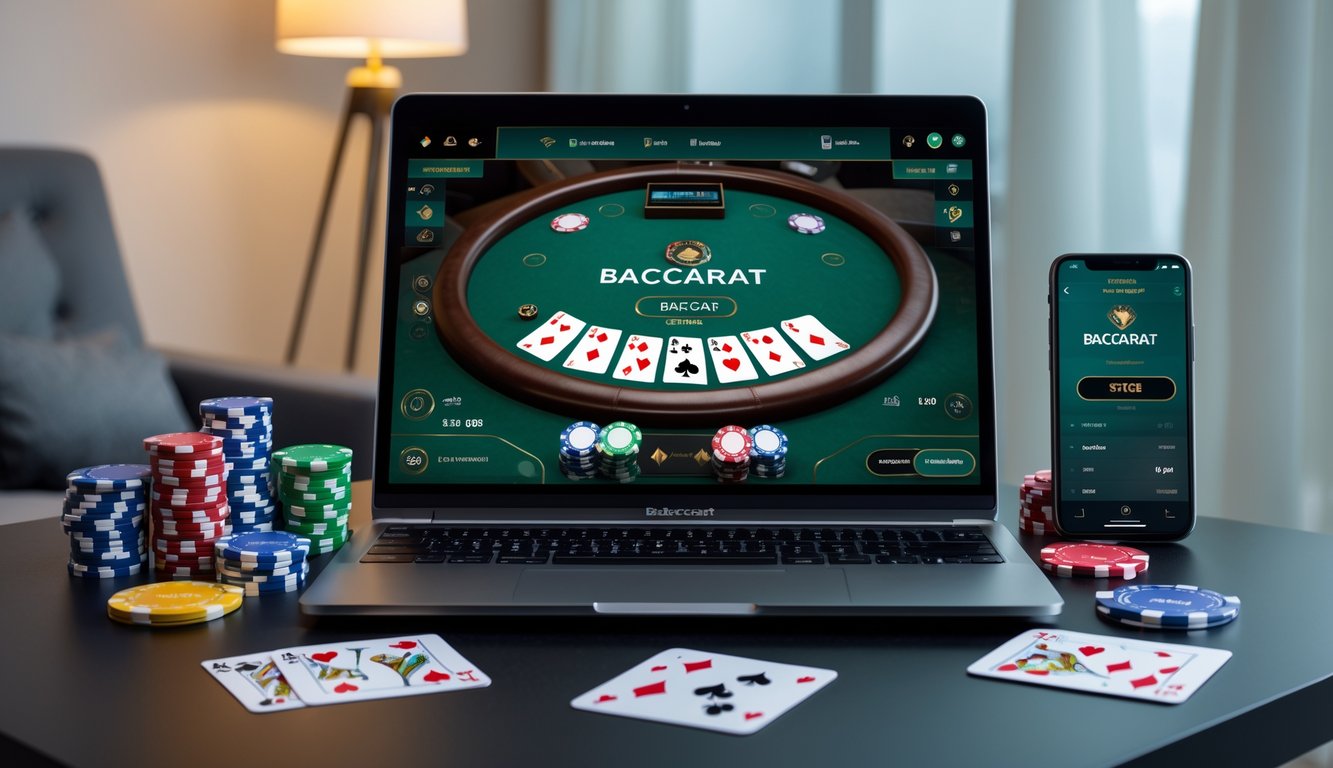 Sebuah laptop modern menampilkan permainan baccarat online dengan kartu dan chip di sekitarnya di meja yang rapi dalam ruangan yang terang.