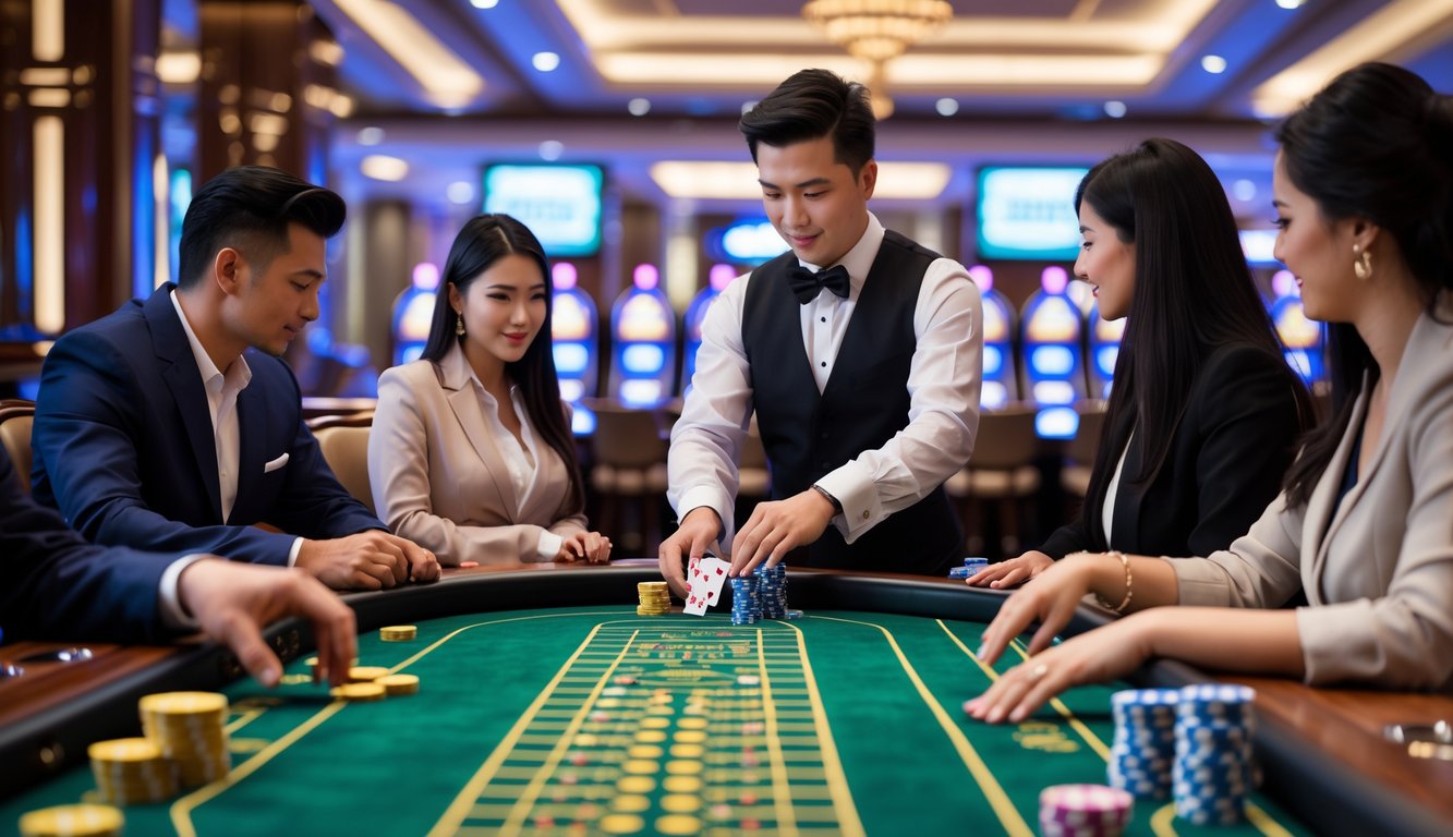 Meja baccarat langsung di kasino dengan pemain dan dealer yang sedang bermain.