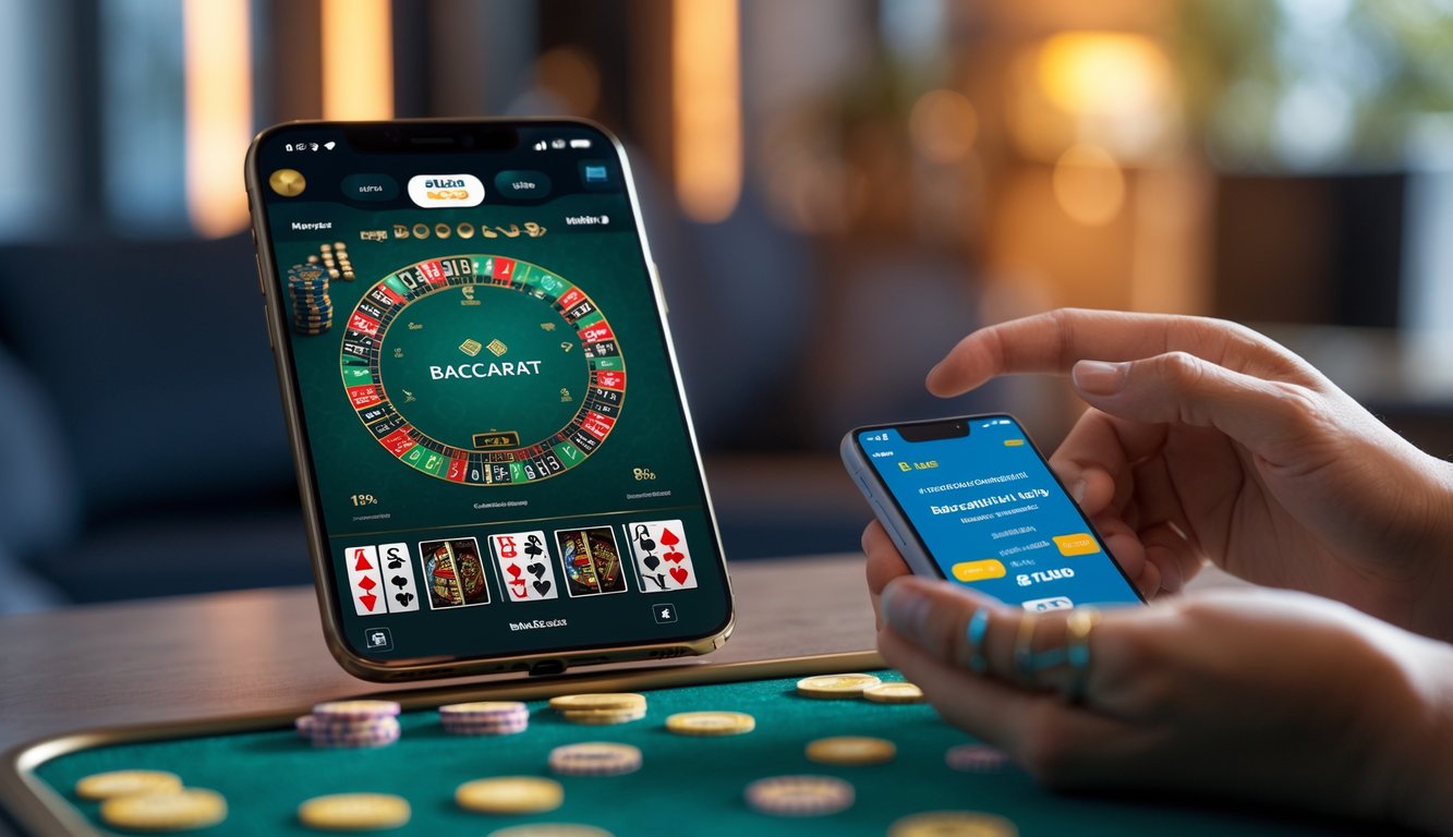 Seseorang menggunakan ponsel untuk bermain baccarat online dan melakukan deposit pulsa melalui aplikasi dompet digital.
