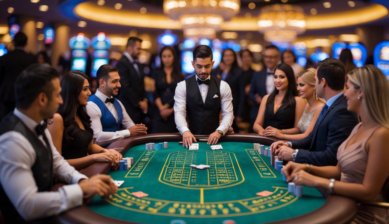 Meja baccarat di kasino mewah dengan dealer dan beberapa pemain yang sedang bermain kartu.