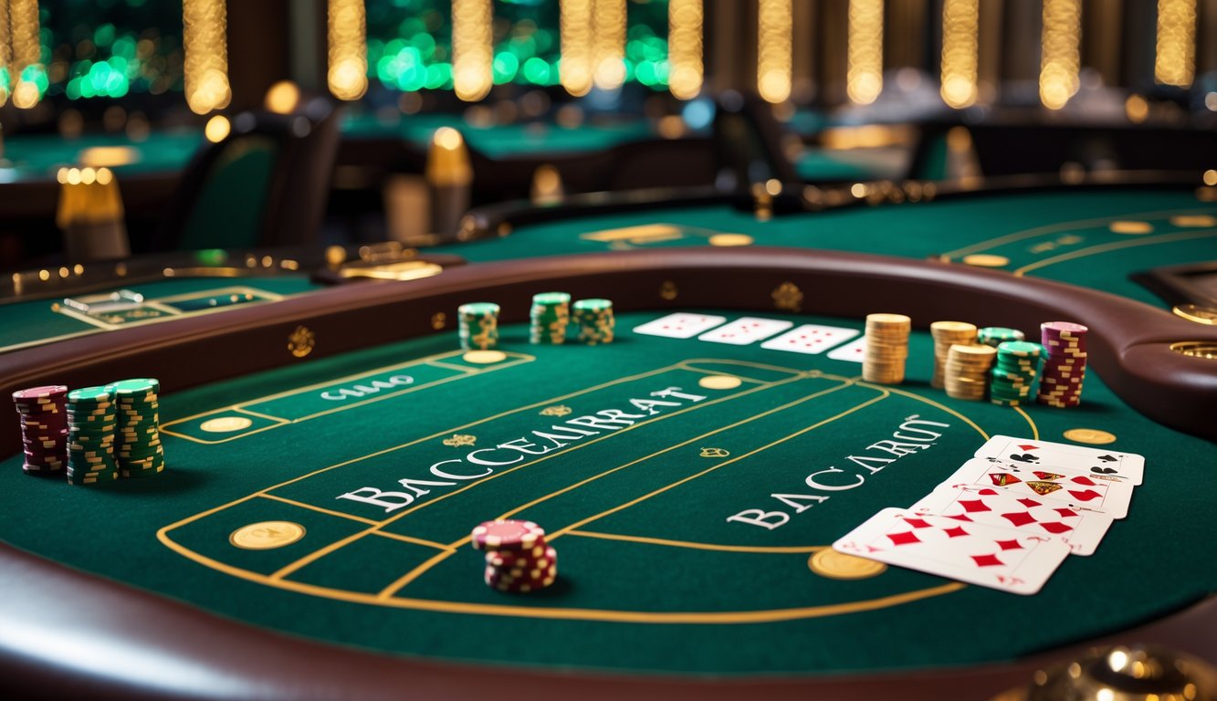 Meja permainan baccarat mewah dengan kartu dan chip tertata rapi di dalam kasino yang elegan.