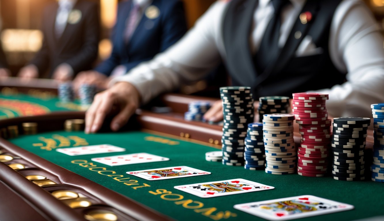 Meja baccarat di kasino dengan kartu dan tumpukan chip warna-warni, pemain dan dealer di latar belakang.