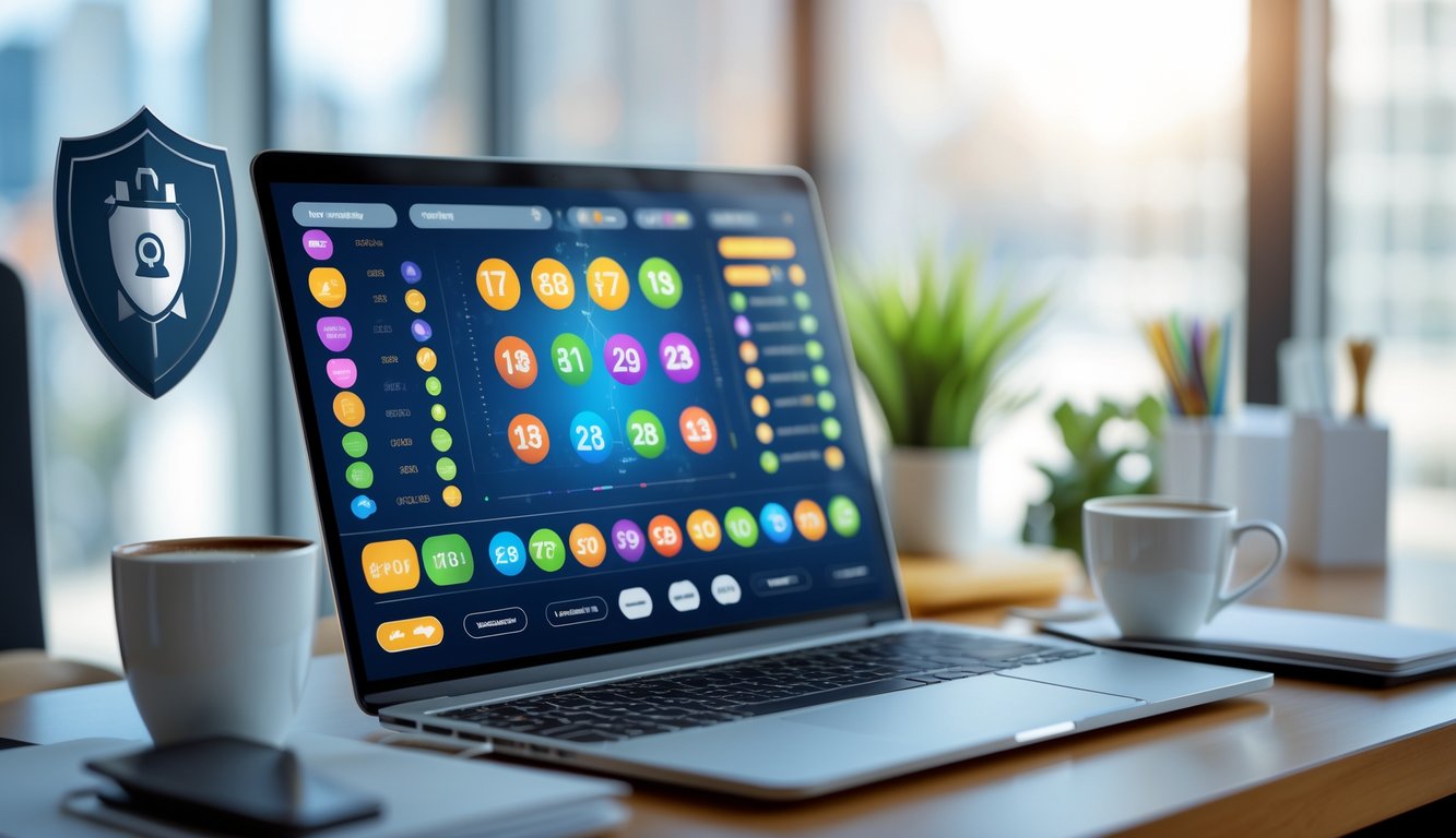 Sebuah ruang kerja modern dengan komputer yang menampilkan antarmuka lotere digital, dikelilingi oleh perlengkapan kantor dan suasana yang rapi.