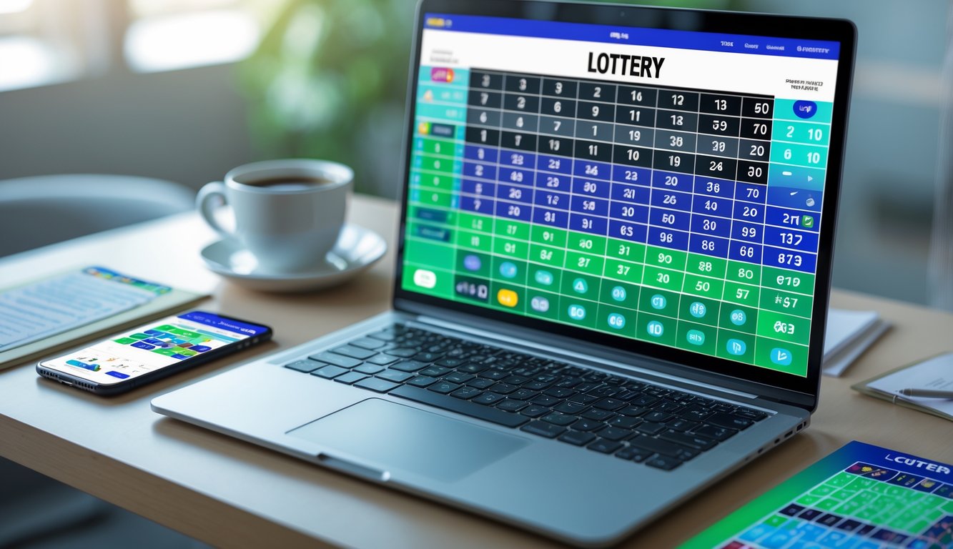 Sebuah ruang kerja modern dengan laptop yang menampilkan angka lotere dan grafik, dikelilingi oleh smartphone dan dokumen di atas meja.