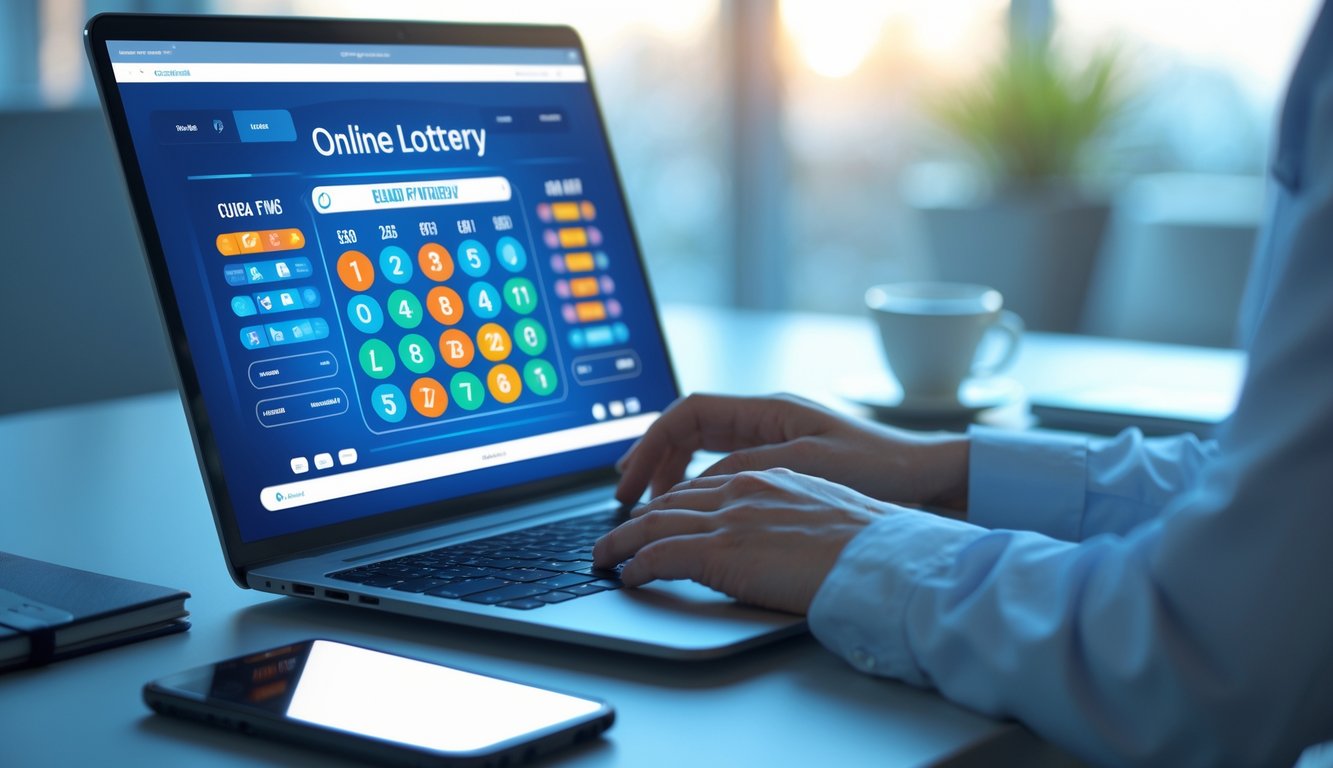Seseorang menggunakan laptop di meja kerja dengan layar menampilkan antarmuka lotere digital.