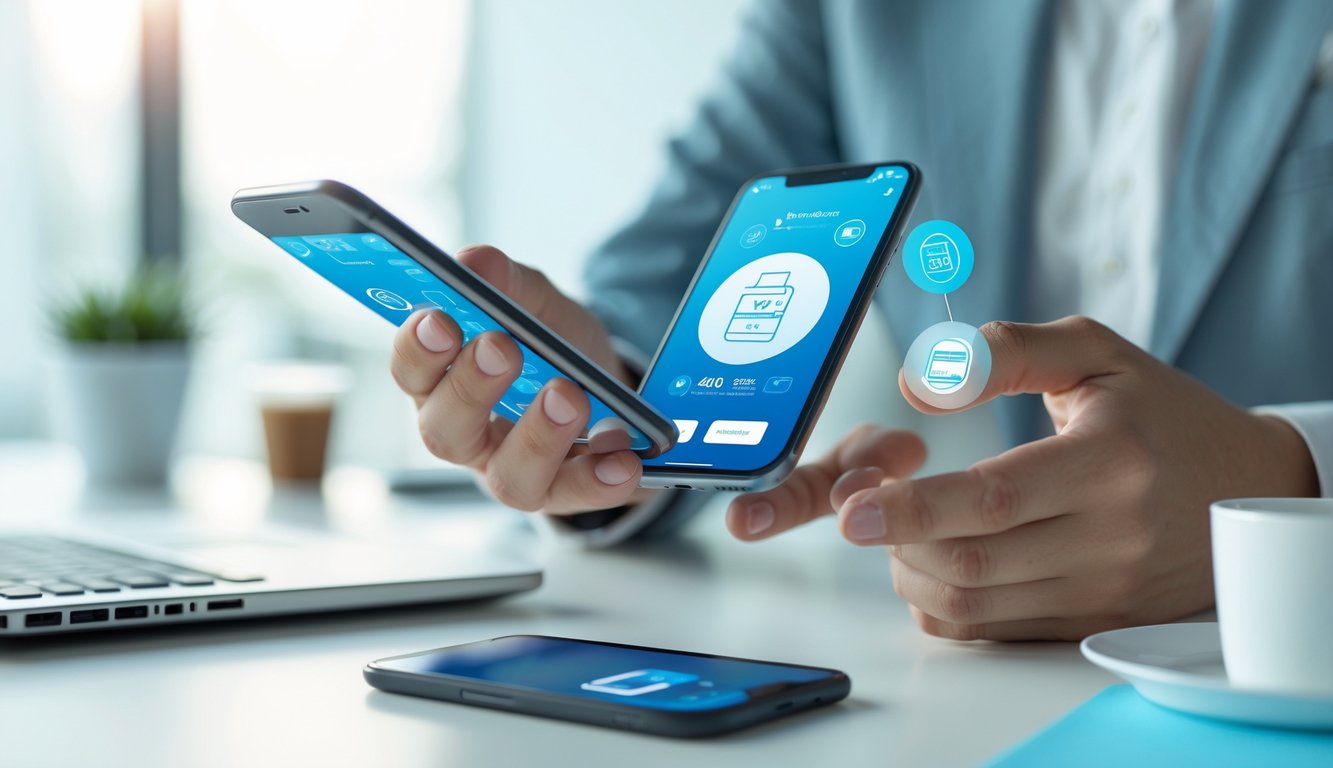 Tangan seseorang memegang ponsel dengan aplikasi pembayaran digital di meja kerja yang rapi.