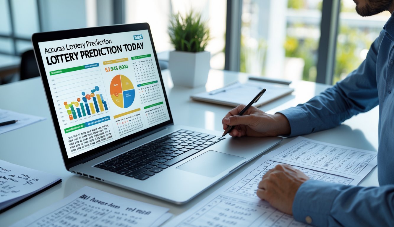 Seorang profesional sedang menganalisis data togel dengan laptop dan catatan di meja kerja yang rapi di kantor terang.